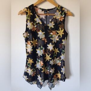 Adele & May Black and Yellow Floral Tropical Top with Sheer Overlay Size Small